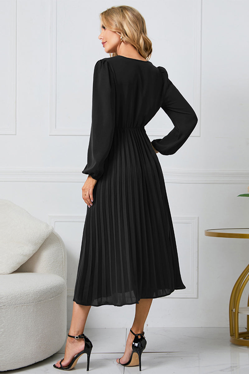 V-Neck Long Sleeve Tie Waist Midi Dress - Shopiebay