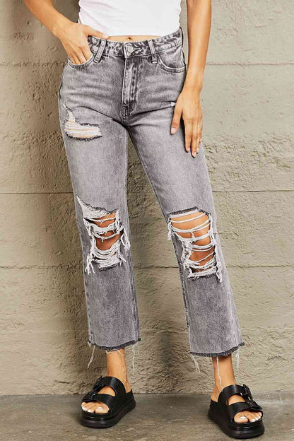 BAYEAS Acid Wash Distressed Cropped Straight Jeans