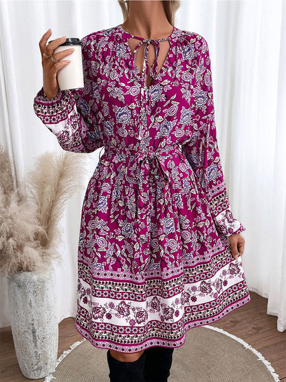 Floral Tie Neck Balloon Sleeve Dress