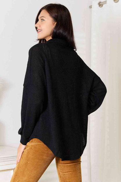 Double Take Waffle-Knit Collared Neck Dropped Shoulder Shirt