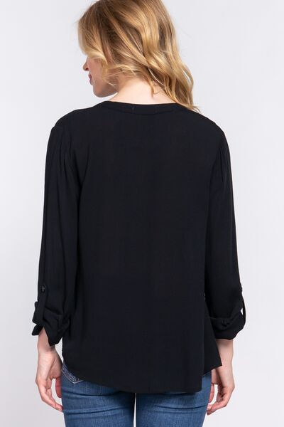 ACTIVE BASIC Full Size Notched Long Sleeve Woven Top