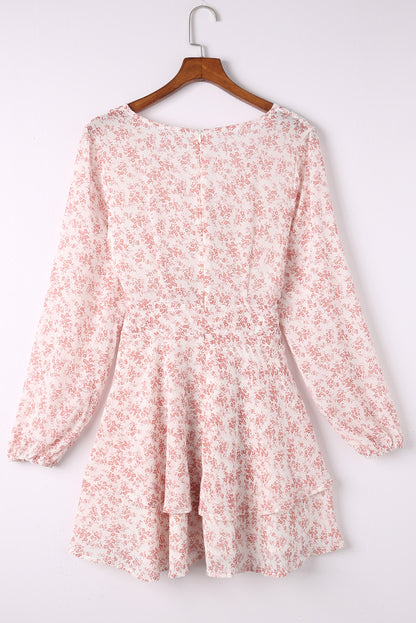 Floral Surplice Balloon Sleeve Layered Dress