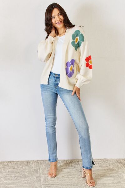 J.NNA Open Front Flower Pattern Long Sleeve Sweater Cardigan