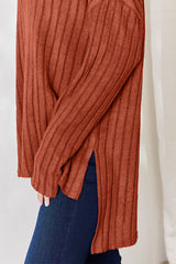 Basic Bae Full Size Ribbed Half Button Long Sleeve High-Low T-Shirt