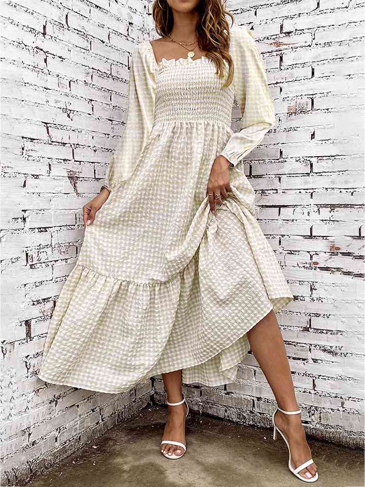 Smocked Square Neck Long Sleeve Dress