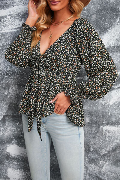 Tied Ditsy Floral Long Sleeve Blouse