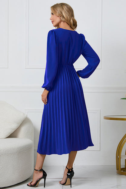 V-Neck Long Sleeve Tie Waist Midi Dress - Shopiebay