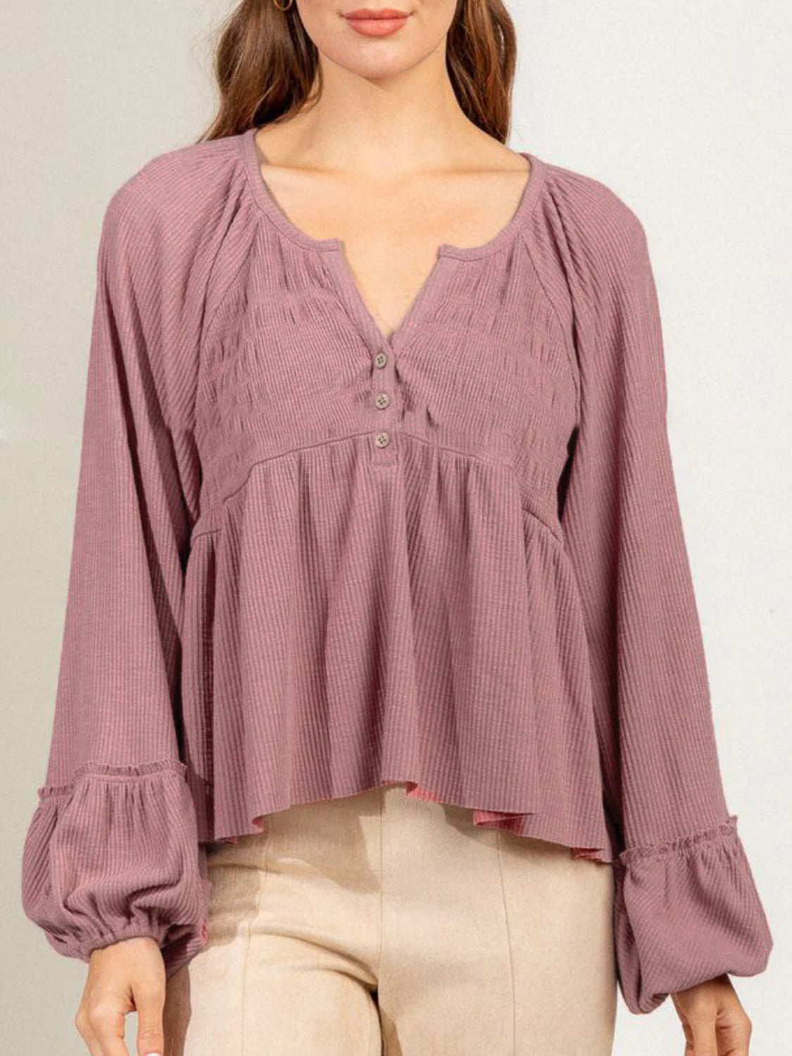 Notched Balloon Sleeve Peplum Blouse