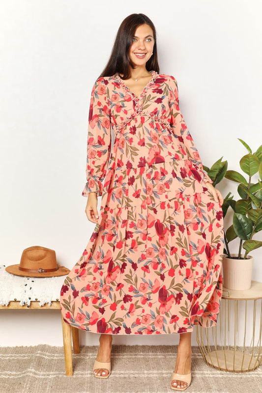 Double Take Floral Frill Trim Flounce Sleeve Plunge Maxi Dress - Shopiebay