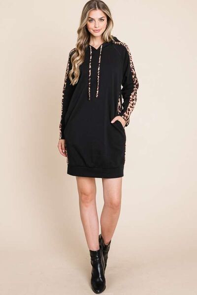 Culture Code Drawstring Leopard Long Sleeve Hooded Dress