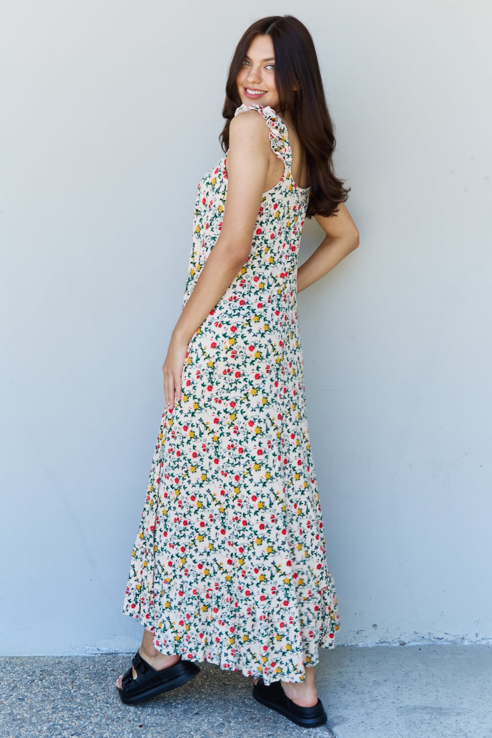 Doublju In The Garden Ruffle Floral Maxi Dress in Natural Rose